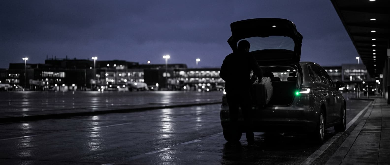 Pre-dawn airport drop-off, boot open, suitcase being loaded
