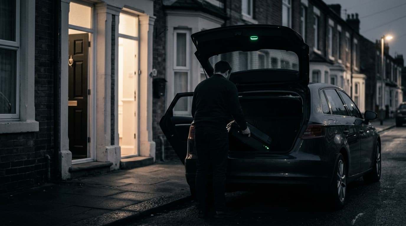 Driver loading a suitcase outside a front door in early morning