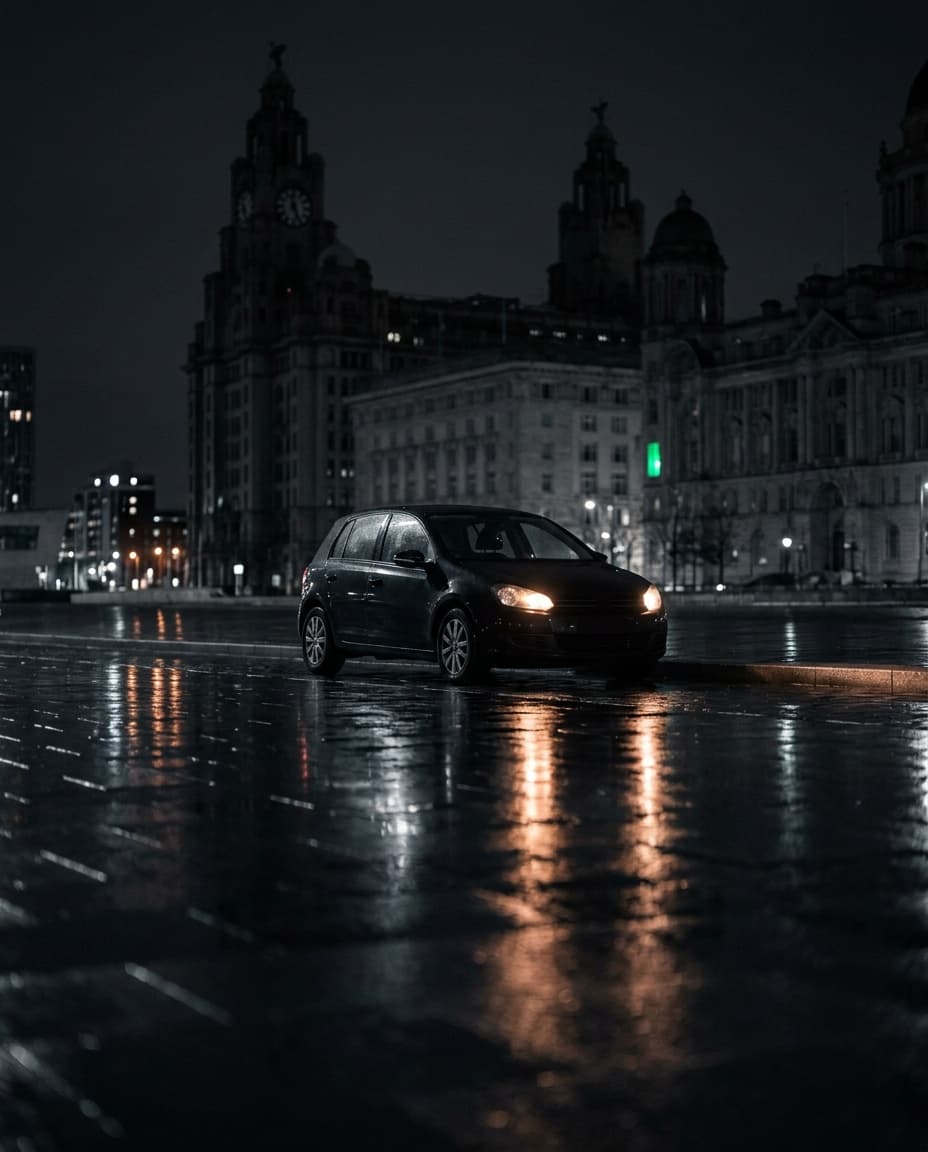 Dark hatchback waiting at the kerb at Liverpool Pier Head at night
