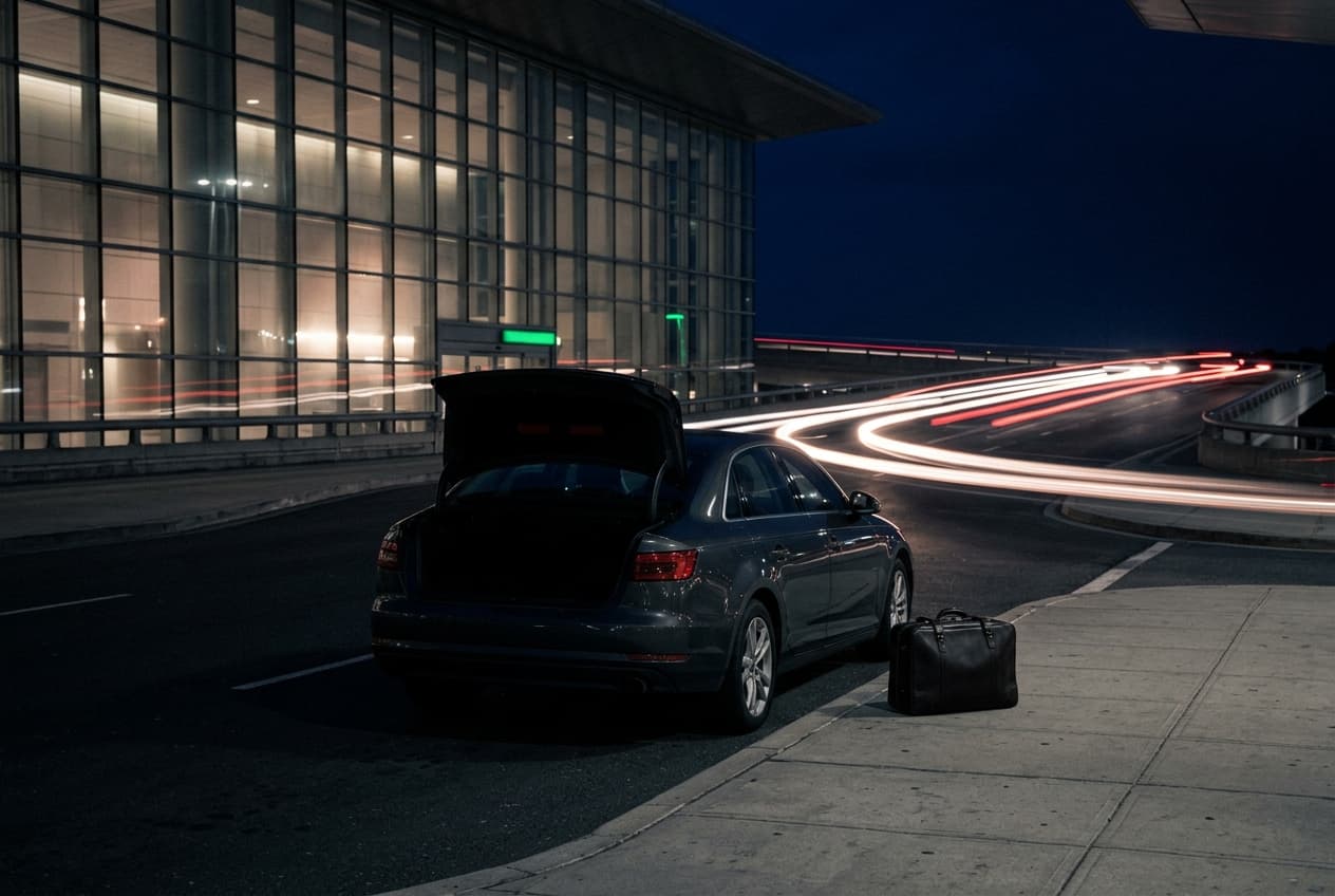 Airport drop-off lane before dawn with a car boot open